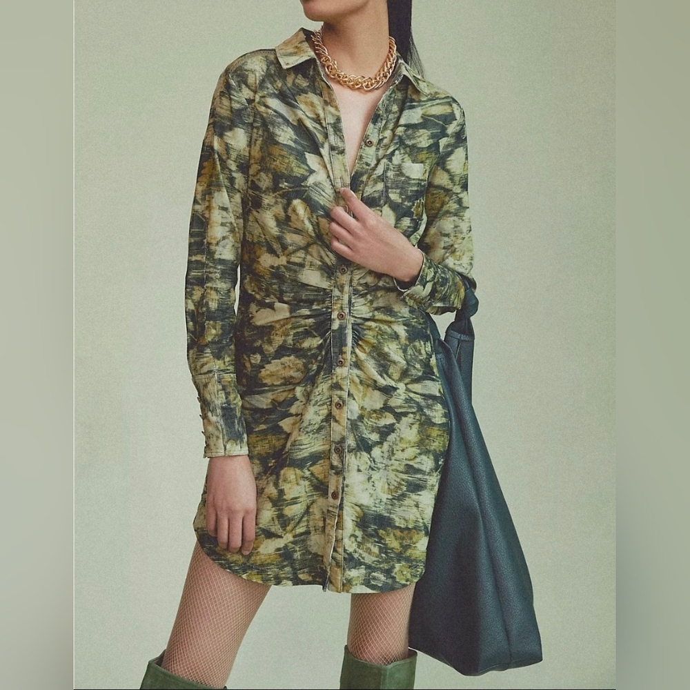 $148 Anthropologie Pilcro Corduroy Floral Camo Ruched Mini Shirt Dress 12 PETITE - Picture 2 of 8
